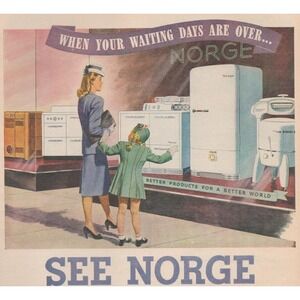 Vintage 1945 Norge Appliance Print Ad Refrigerator Kitchen WW2 Era Decor
